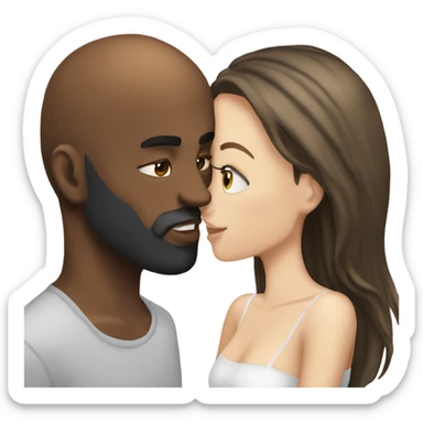 White girl brunette kissing black bald man with beard sticker