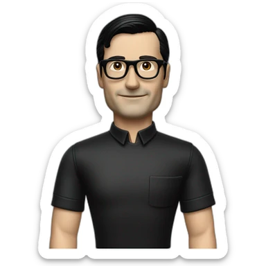 small photo realistic right arm waving Ralf Hutter from Kraftwerk, short straight black hair, Dark Brown eyes, black glasses, thin, black shirt, left side view sticker