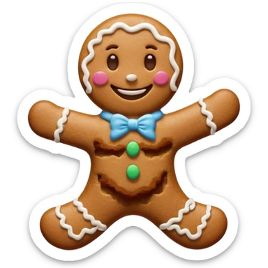 {
    "type": "object",
    "look": "gingerbread man, icing smile, cookie texture, front view",
    "description": "a cheerful gingerbread cookie shaped like a man, smiling with white icing details"
  } sticker