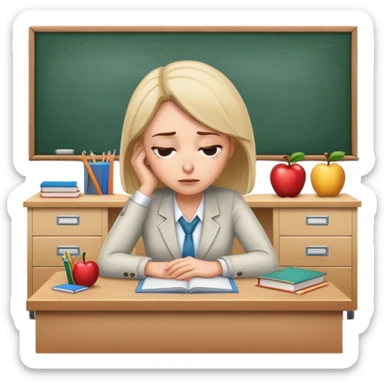 Exhausted female teacher with head down on classroom desk sticker