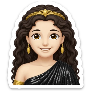 Libera, Goddess of Death from Roman Deities with long dark brown wavy hair, black sequin toga sticker