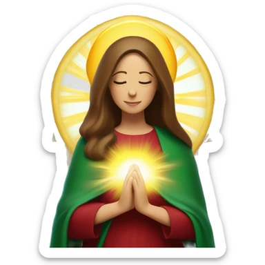 Virgin Mary: kind face looking down at the left, long brown hair, Wearing an emerald green  robe with gold stars and a burgundy red dress,  Hands in prayer or blessing. Halo around her head. standing in front of a big sun. colorful roses on the sides  sticker