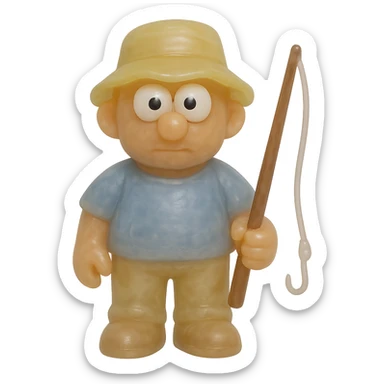 Make the fisherman smaller in frame so the entire character is fully visible from head to toe with no cropping at the top or bottom. Keep the wooden fishing pole, full-body, retro 90's toy style, very transparent and slightly see-through, natural tan skin, blue shirt, yellow hat, pants, derpy eyes with large white eyeballs and small black pupils looking in different directions, soft plastic texture, soft reflections, soft and squishy, some cloudiness, not shiny, highly detailed, appealing, no tag, no background. sticker