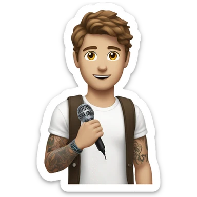 White boy with brown hair with arm tattoo and holding a microphone  sticker
