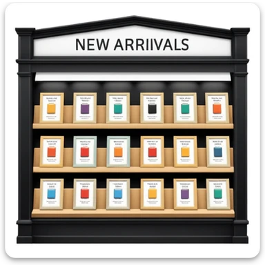 Bookstore window display. A sign displays “New Arrivals This Week”. Below, a shelf tag with the text “Best-Selling Novels Here”.  sticker