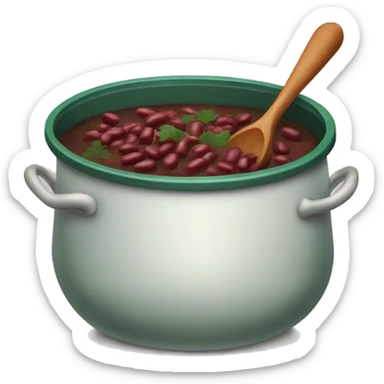 Large pot of dark green stew with red kidney beans and ladle sticker
