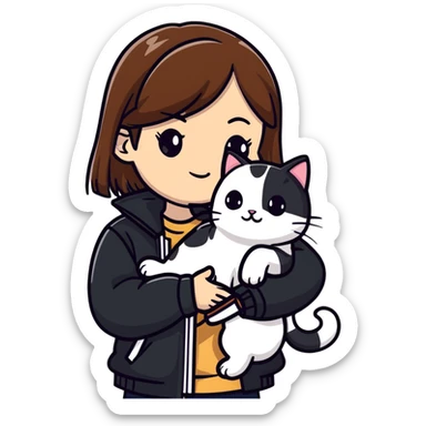 Light-skinned girl with brown straight hair wearing a black jacket, along with one pure white cat and one calico cat sticker