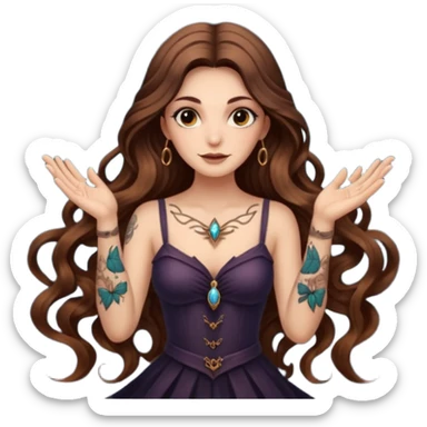night witch woman long wavy brown hair tattoos spinning moth from fingers sticker