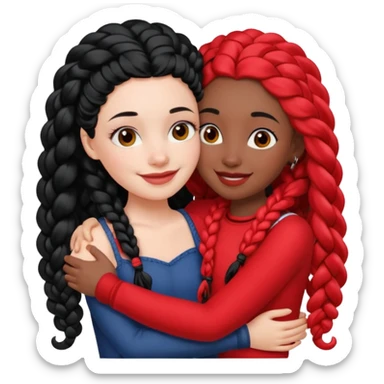 White girl long black hair hugs black girl with red French curl braids  sticker