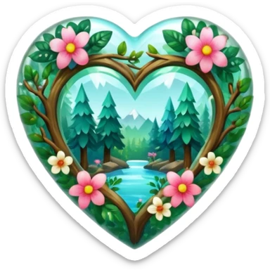 crystal heart with forest inside and floral decoration around sticker