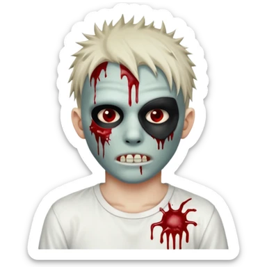 zombie boy with spiky emo hair and white shirt emoji and 

He wears an anonymous mask on half his face and has wounds on the other half. sticker