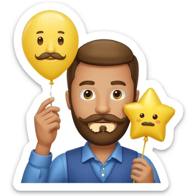 man with bead and mustache holding star yellow balloon sticker