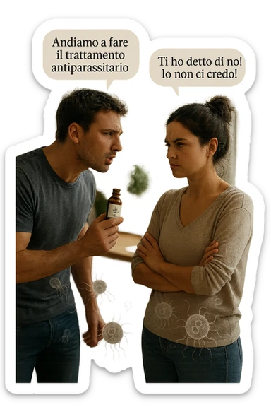 A highly realistic, cinematic photo of a young couple in their early 30s having an argument in a bright modern kitchen. The man, athletic build, wearing a casual T-shirt and jeans, is speaking firmly with a raised hand holding a small amber glass bottle labeled with a subtle herbal symbol, saying 'Andiamo a fare il trattamento antiparassitario' with a determined expression. The woman, with long dark hair tied in a messy bun, casual home outfit, crosses her arms with an angry, defensive expression, replying 'Ti ho detto di no! Io non ci credo!' while slightly turning away. Tension is visible in their body language, with the man leaning forward trying to explain and the woman leaning back, her eyebrows furrowed. Around them, subtle ghostly overlays of microscopic parasites are faintly visible near their abdominal areas, symbolizing the hidden reason for the argument. The kitchen is bright and modern with plants and natural light, contrasting the emotional tension. The style is hyperrealistic with warm tones and shallow depth of field focusing on their facial expressions, illustrating the conflict between belief in natural treatments and skepticism within the couple regarding hidden parasitic infections. in italiano sticker