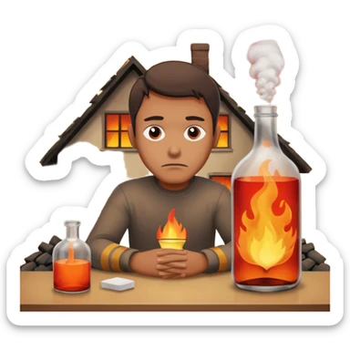 apple style emoji of a man sitting at a table, looking sad, bottle on table, house on fire behind sticker