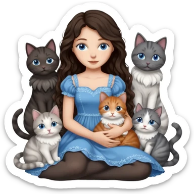 detailed realistic looking a dark grey and white cat regally sitting with six other cats, cuddling with their owner who is a pretty bratz lightly tanned white girl with long dark brown hair, blue eyes and gorgeous long wavy hair wearing a pretty detailed dress sticker