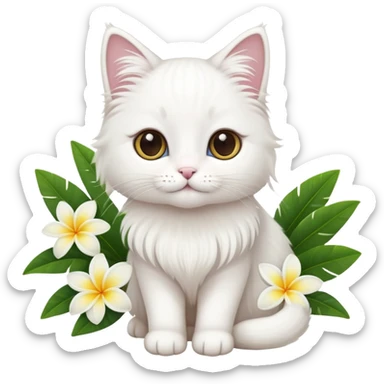 A cute  little white long hair cat and frangipani sticker