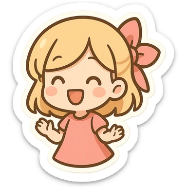 cute blond girl, pink bow tied at the back of her head, smiling, cartoon style, cheerful, friendly sticker