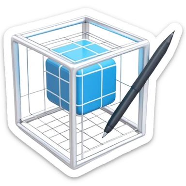 Create an emoji for 3D visualization and modeling. Show a 3D wireframe model or shape (e.g., a cube or sphere) with a design tool like a stylus and 3D rendering software interface. Use modern, professional colors. Do not include any emojis or smiley faces. Make the background transparent. sticker