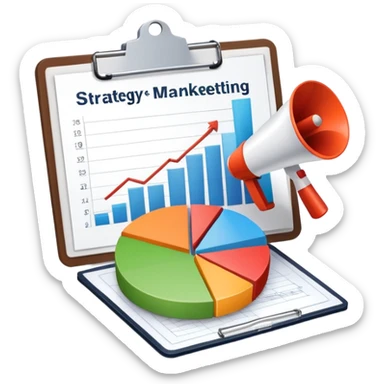 An icon featuring a pie chart, a megaphone, and a clipboard with strategy plans, symbolizing management and marketing. The design includes upward-trending graphs set against a modern office backdrop. Transparent background emphasizes business strategy and communication. sticker