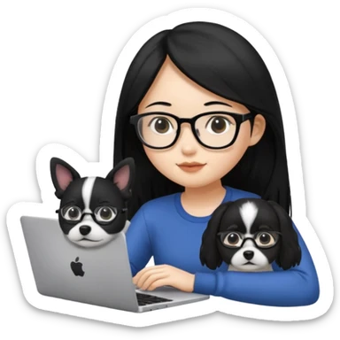 Asian girl with long black hair working on an Apple laptop, next to her is a small black and white dog with no collar on  sticker