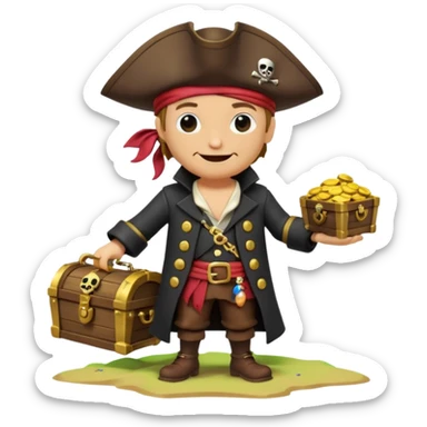 A 3D cartoon pirate character with one eye covered by a black eye patch, holding a treasure chest filled with gold coins and jewels, standing on sandy ground, wearing a pirate hat and coat, warm sunset lighting, realistic Memoji-style rendering. sticker
