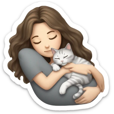 White girl brown hair sleeping with gray cat sticker