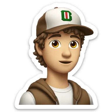 Teenager boy type italian, White skin, with baseball cap backwards with wavy brown hair (Which go down behind to the nape of the neck), Little bit dezoom sticker