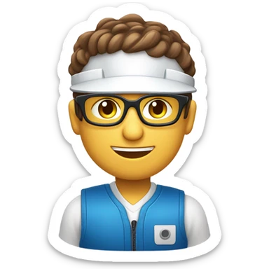 Tecnico electricista de color blanco,con cabello cafe y ojos cafe, con chaleco de seguridad azul y casco azul, gafas de trabajo, hombre, feliz sticker