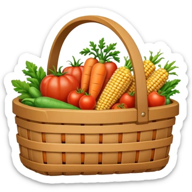 A 3D cartoon basket filled with fresh farm produce like carrots, tomatoes, and corn, placed on soil ground, soft natural lighting, Memoji-style texture. sticker