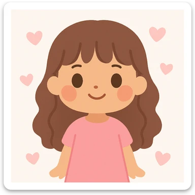 cute girl with medium skin, rosy cheeks, big hazel eyes, long wavy brown hair and bangs, straight nose, red lips, feminine features, in a pink dress sticker