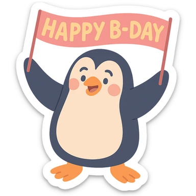 penguin holding a "Happy B-Day" banner, pastel-toon style sticker