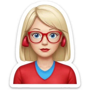 45 yr old white woman, pale skin, long straight blond hair parted in center, blue eyes, bangs, clothes for gym, big red glasses sticker