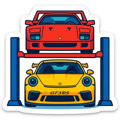 front view of a Ferrari F40 on a car lift above a yellow Porsche GT3 RS, cartoon, vibrant colors, transparent background sticker