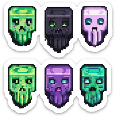 Creeper and Enderman heads fused down the middle, classic Minecraft colors, pixel art style sticker