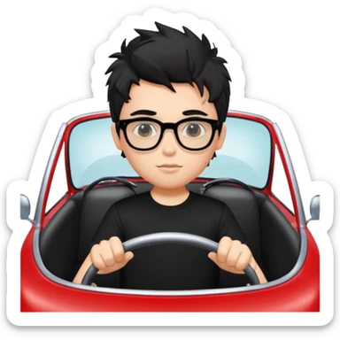 generate a pretty bratz fair skinned boy with black messy hair wearing a black tshirt driving a red car. Glasses on.  sticker