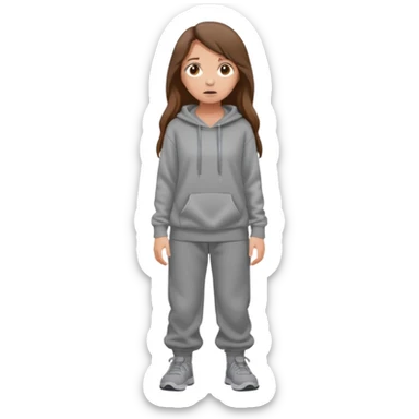 Chica grande  asustada de cuerpo completo mirado a la izquierda con pelo castaño largo  pantalones baggy  grises y hoodie gris  sticker