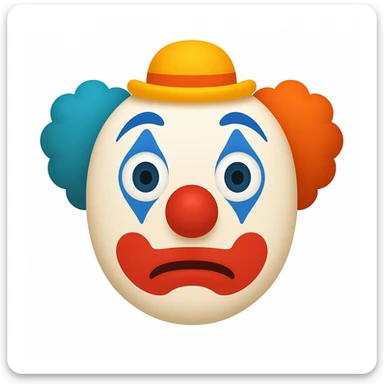 Create an emoji of a man with similar facial features to the reference image, painted as a clown with classic clown makeup including a white face, red nose, and colorful details. The expression should be neutral or slightly surprised. The style should resemble a classic emoji style but use the general editor for flexibility. sticker