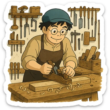 ghibli style carpintero en su taller, herramientas y banco de trabajo sticker