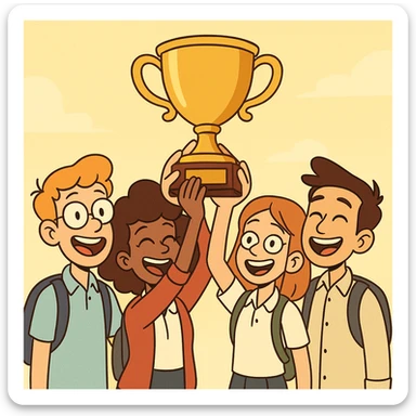 four students lifting a trophy, warm atmosphere, modern cartoon style, smiling faces, bright background sticker