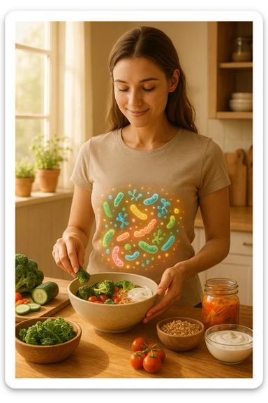 A realistic, warm-toned image of a young woman in a bright, cozy kitchen preparing a healthy meal rich in fiber and probiotics. She smiles softly, focused and calm, as she adds fresh vegetables, fermented foods like yogurt or kimchi, and whole grains to a bowl. Around her abdomen, a subtle, glowing overlay of balanced gut flora—colorful, friendly bacteria and microbes—swirls gently, symbolizing intestinal health and harmony. The setting is natural and inviting, with sunlight streaming through the window, potted herbs on the counter, and clean wooden surfaces. The overall mood conveys wellness, self-care, and the positive journey toward gut balance sticker