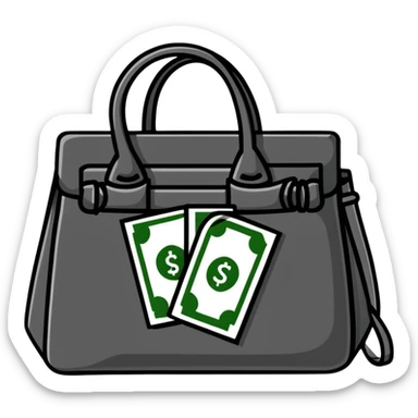 black leather handbag with dollar bill visible inside sticker