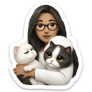 brunette girl with black glasses snuggling white Persian cat sticker
