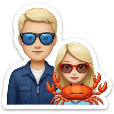 Men and girl Alaska crab are moving wearing a sunglass and 海港薈 sticker