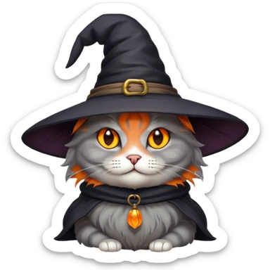 Grey cat with orange eyes with witch hat sticker