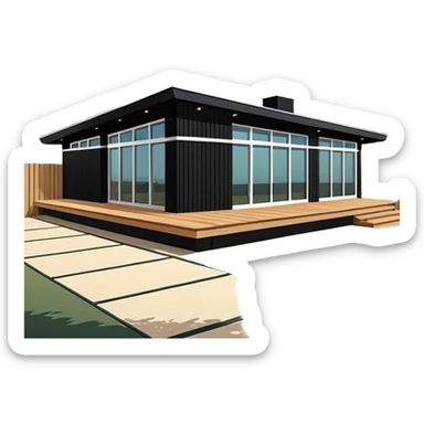 midcentury modern house with 1000 sqft and all windows and a sliding windows on corner. Single story. High ceilings, black and vertical wood slats for outside walls of home. Wood deck with complementary but different wood and shade from larger wood slats. With overhanging shade and slats. sticker
