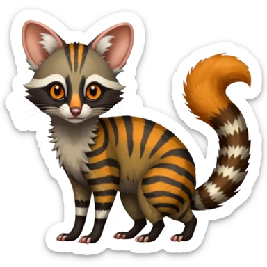 Feral Rare Fantasy shaded detailed colorful Genet-Possum-Trico-Civet-Cacomistle-Oncilla-species by LiLaiRa,, with white stripes with dark-blackish points, white belly, random markings, tufted tail, tufted ears, full body sticker