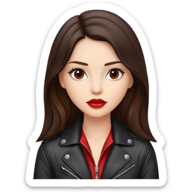 brunette with long hair in cuir jacket with red lips and very dark brown eyes sticker
