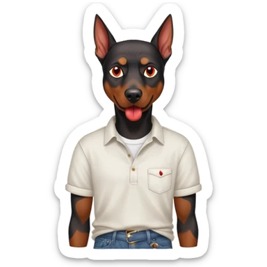 Generate a emoji of a big evil doberman dog with red eyes and a tongue sticking out, give the doberman a human body with a white shirt and baggy jeans sticker