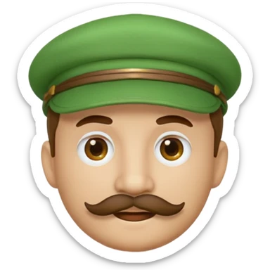 round emoji face with brown mustache and green cap with white circle emblem, 3D emoji style, 1:1
 sticker