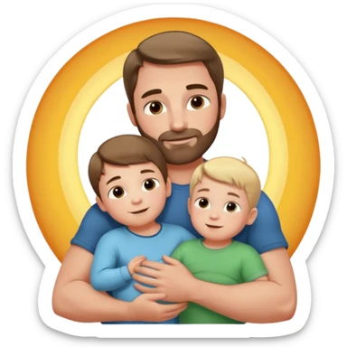 The father stands under the soft sunlight, his strong arms holding his child close to his chest, his gentle face glowing with a warm smile. sticker